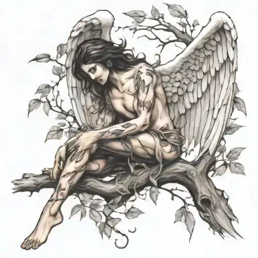 fallen angel from a tree branch intertwined tattoo design idea