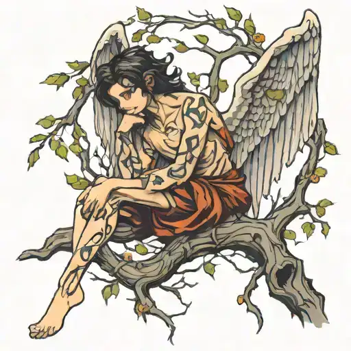fallen angel from a tree branch intertwined tattoo design idea