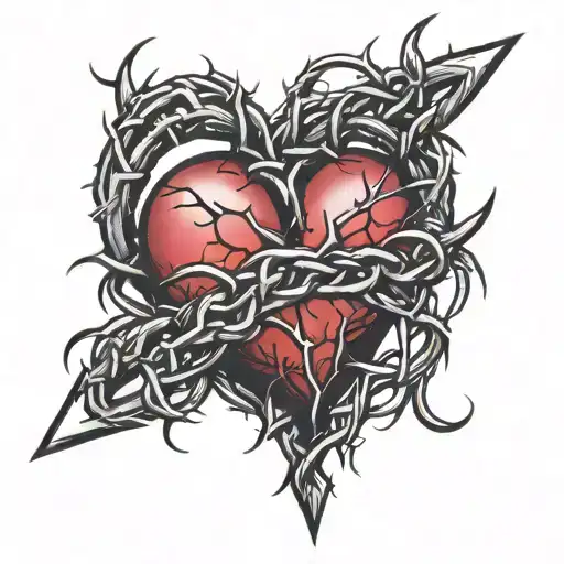 a crown of thorns style heart in the shape of black barbed wire with some smoky red lines tattoo design idea