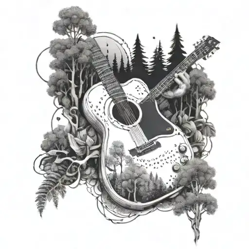 An engineer's blueprint of a guitar merging with a forest landscape, symbolizing the client's love for music and nature tattoo design idea