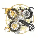 generate these five zodiac signs into one tattoo, Aries, Scorpio, Pisces, cancer, Libra tattoo design idea