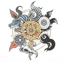 generate these five zodiac signs into one tattoo, Aries, Scorpio, Pisces, cancer, Libra tattoo design idea