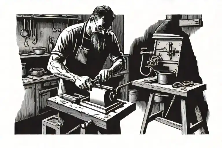 blacksmith working hot metal on the anvil in a Smokey blacksmith shop  tattoo design idea