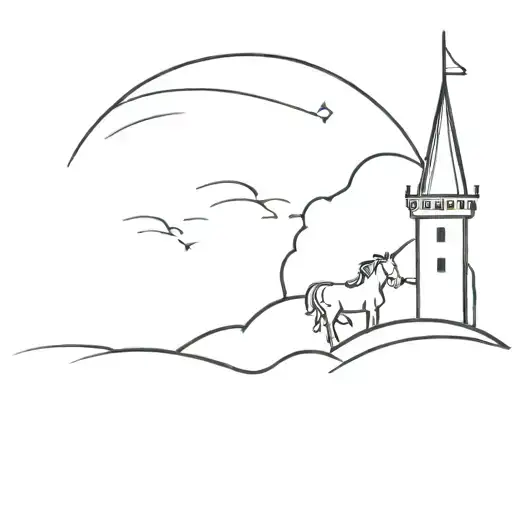 A minimalist castle with a hidden unicorn peeking out from behind a tower tattoo design idea