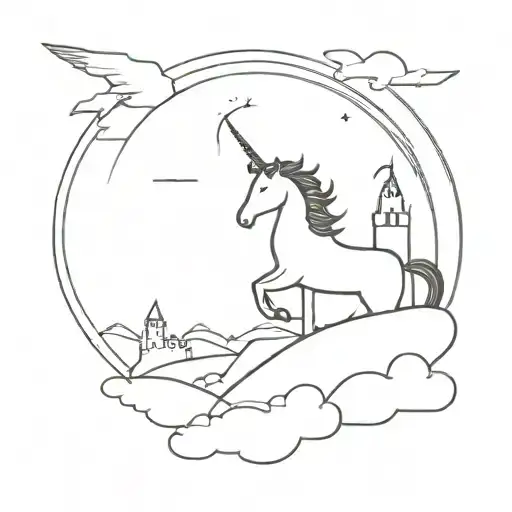 A minimalist silhouette of a unicorn soaring over a castle at sunset tattoo design idea