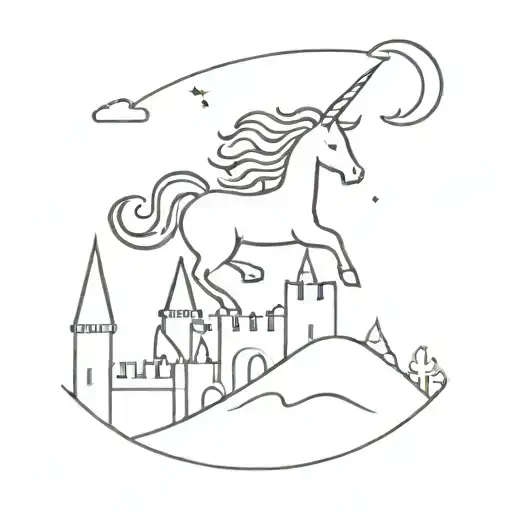 A minimalist silhouette of a unicorn soaring over a castle at sunset tattoo design idea