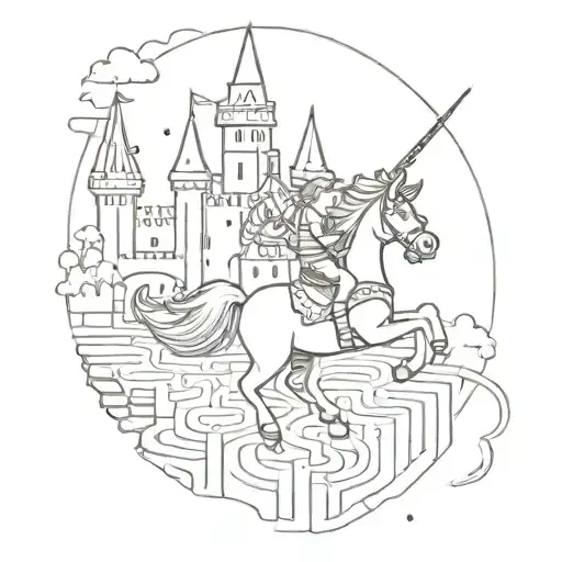 A sketch of kids riding on a unicorn through a magical castle maze tattoo design idea