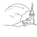 A minimalist castle with a hidden unicorn peeking out from behind a tower tattoo design idea