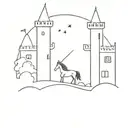 A minimalist castle with a hidden unicorn peeking out from behind a tower tattoo design idea