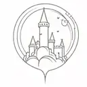 A minimalist castle with a hidden unicorn peeking out from behind a tower tattoo design idea
