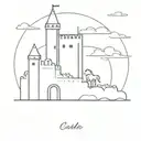 A minimalist castle with a hidden unicorn peeking out from behind a tower tattoo design idea
