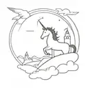 A minimalist silhouette of a unicorn soaring over a castle at sunset tattoo design idea