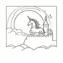 A minimalist silhouette of a unicorn soaring over a castle at sunset tattoo design idea