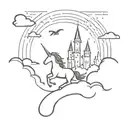 A minimalist silhouette of a unicorn soaring over a castle at sunset tattoo design idea