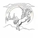 A minimalist silhouette of a unicorn soaring over a castle at sunset tattoo design idea