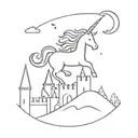 A minimalist silhouette of a unicorn soaring over a castle at sunset tattoo design idea