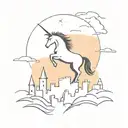 A minimalist silhouette of a unicorn soaring over a castle at sunset tattoo design idea