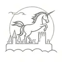 A minimalist silhouette of a unicorn soaring over a castle at sunset tattoo design idea