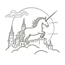 A minimalist silhouette of a unicorn soaring over a castle at sunset tattoo design idea