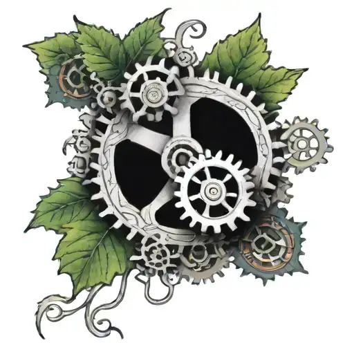 line of small cogs entangled in vines intertwining tattoo design idea