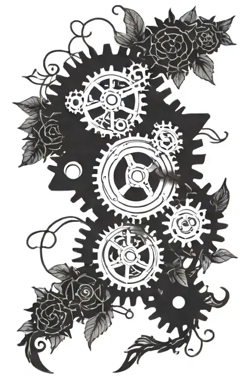 line of cogs tangled in vines intertwining tattoo design idea