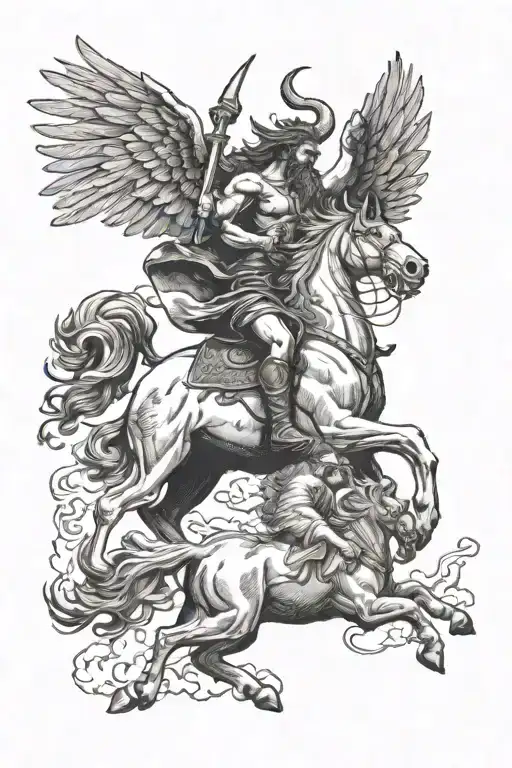 Zeus riding Pegasus in battle against Hades riding Cerberus, with a Minotaur splitting the fight with an axe tattoo design idea