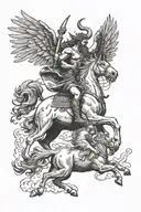 Zeus riding Pegasus in battle against Hades riding Cerberus, with a Minotaur splitting the fight with an axe tattoo design idea