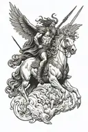 Zeus riding Pegasus in battle against Hades riding Cerberus, with a Minotaur splitting the fight with an axe tattoo design idea