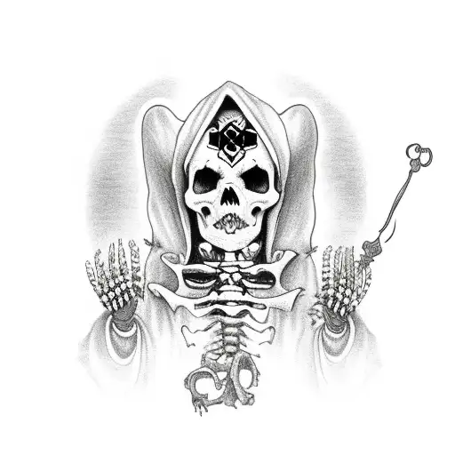 Santa muerte with rat skeleton  with a banner that says hood rat tattoo design idea