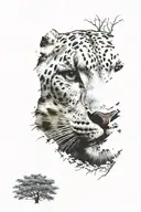 snow leopard head looking through dense forest tattoo design idea