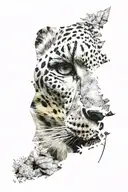 snow leopard head looking through dense forest tattoo design idea