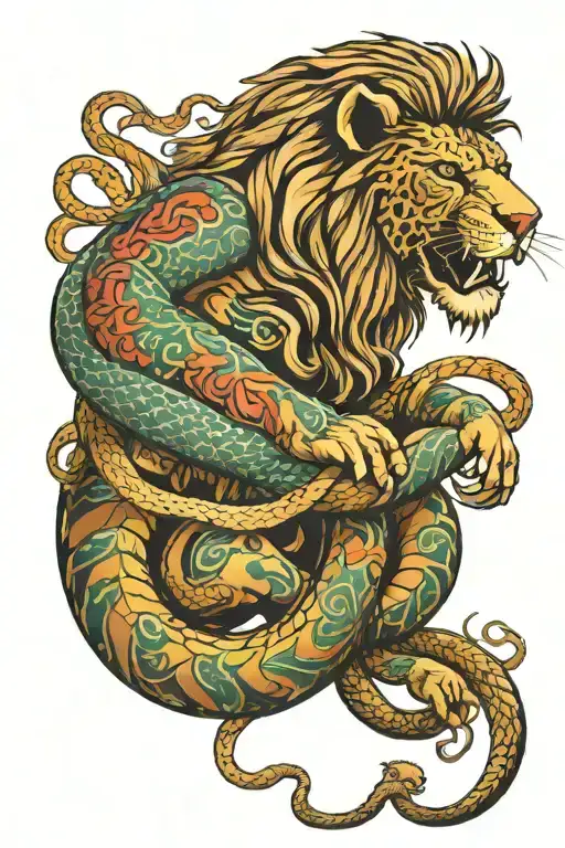 999 with lion wearing a snake coiled in its arm tattoo design idea