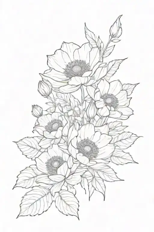 poppy, waterlilly, crysantheme, mayflower bouquet tattoo design idea