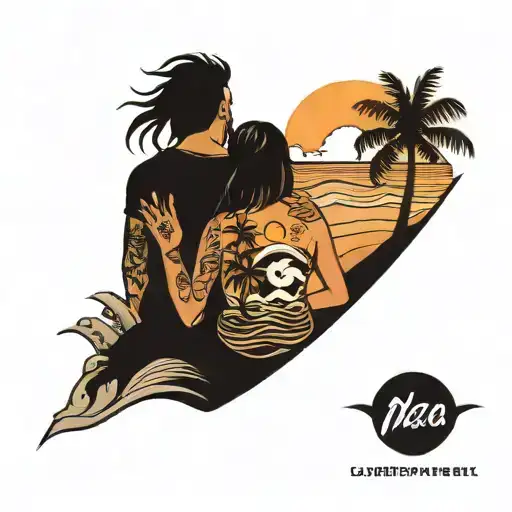 couple sit on the beach, sunset, coconut tree, birds, waves, 28-10-2023 tattoo design idea