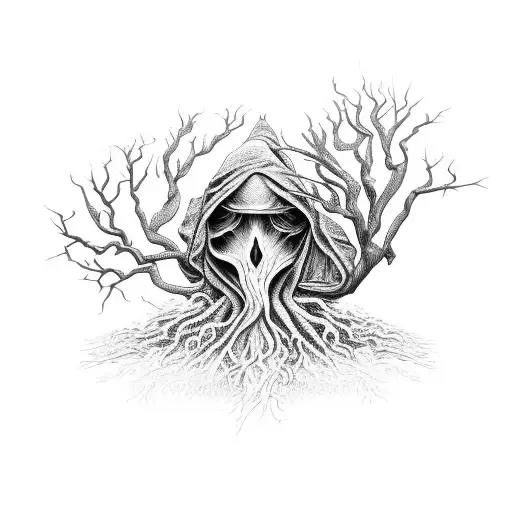 A gnarled tree with twisted branches forming a hooded, hag-like figure. tattoo design idea