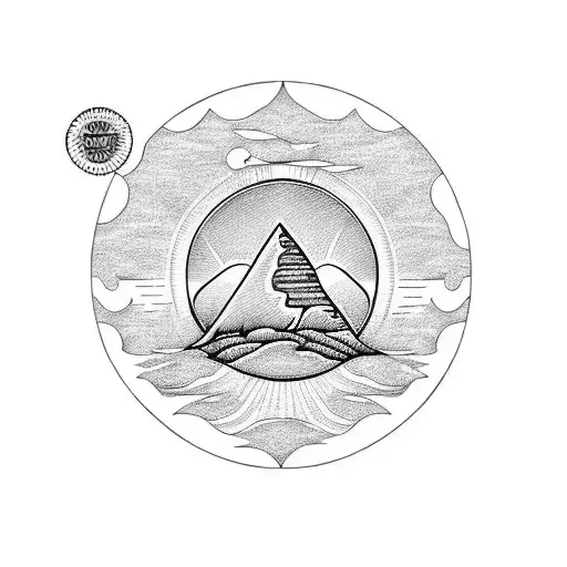 shape of the Table Mountain, sea, sun with nuclear logo, motorbike, girl body shape  tattoo design idea