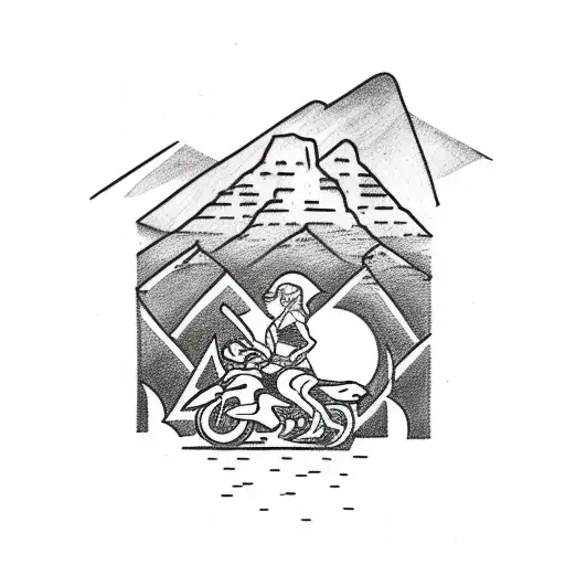 tattoo design, black and white, with the shape of the Table Mountain of cape town, sea, sun, motorbike, girl body shape  tattoo design idea