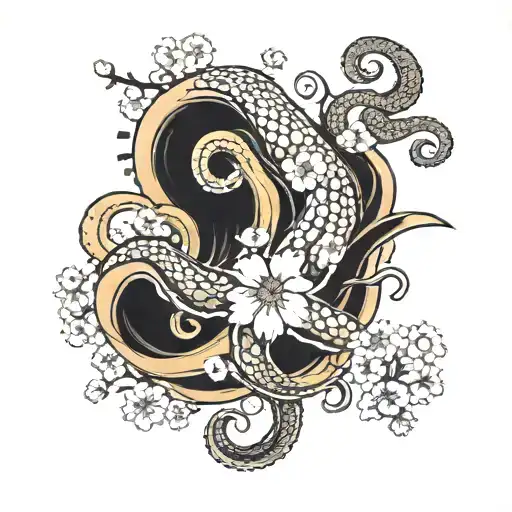 Cherry Blossom and Octopus sleeve tattoo design idea