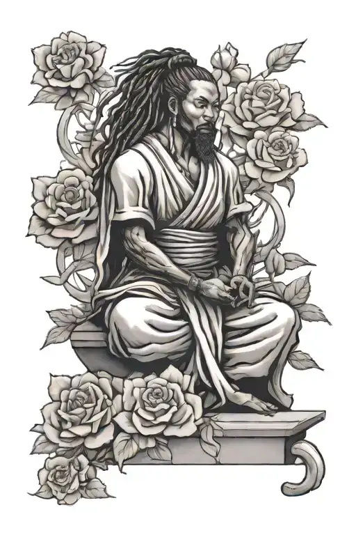 Black samurai with dreadlock ponytail meditating in rose garden tattoo design idea