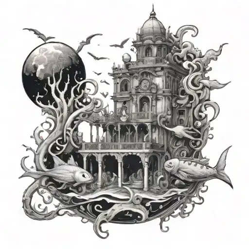 A surreal underwater scene with a moon shining above, featuring sea creatures and architectural elements tattoo design idea
