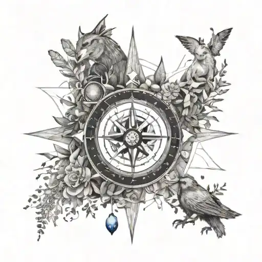 A detailed compass rose surrounded by various animals and plants from different countries tattoo design idea