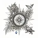 A detailed compass rose surrounded by various animals and plants from different countries tattoo design idea