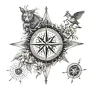 A detailed compass rose surrounded by various animals and plants from different countries tattoo design idea