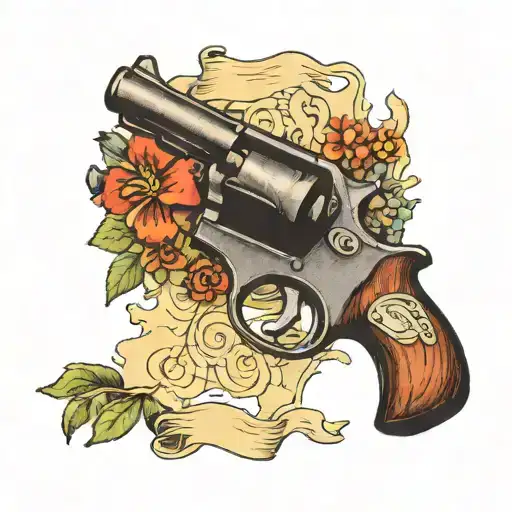 A traditional tattoo of a vintage revolver intertwined with a hiking trail map, representing your interests in both shooting and hiking in a classic and timeless style tattoo design idea