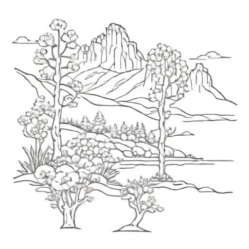 mountains and trees and australian flowers tattoo design idea