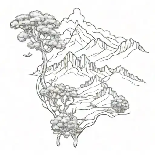 mountains outline next to trees and australian flowers tattoo design idea