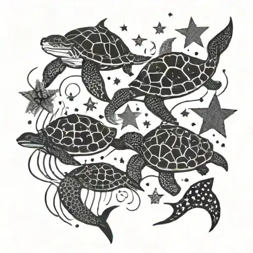 shadowed stingrays, jellyfish, and two turtles swimming  dotted with stars and the words all of the stars have a reason tattoo design idea