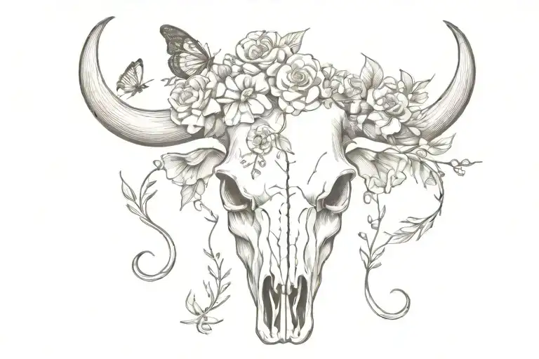 long horn cow skull with butterflies and flowers intertwined tattoo design idea