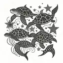 shadowed stingrays, jellyfish, and two turtles swimming  dotted with stars and the words all of the stars have a reason tattoo design idea