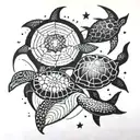 shadowed stingrays, jellyfish, and two turtles swimming  dotted with stars and the words all of the stars have a reason tattoo design idea